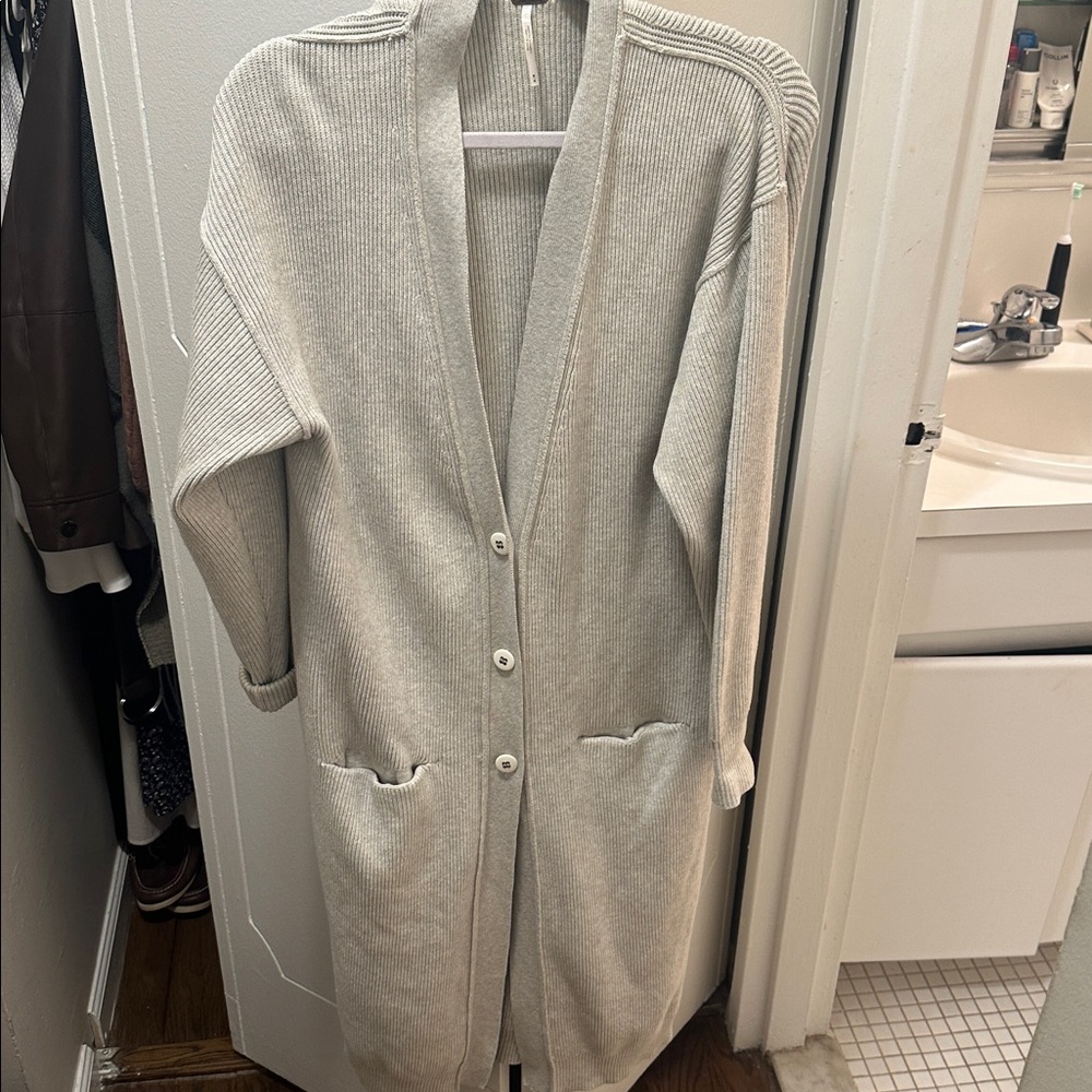 Free People Light Gray Ribbed Long Cardigan